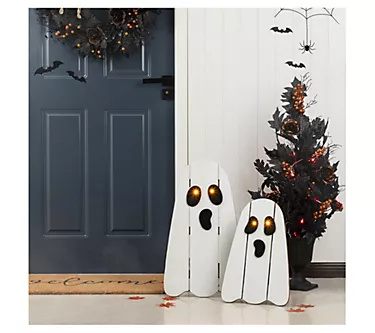 Glitzhome 24" Halloween Lighted Wooden Ghosts Porch Decor S/2