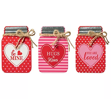 Glitzhome 7" Set of 3 Valentine's Wooden Mason Jar Table Decor