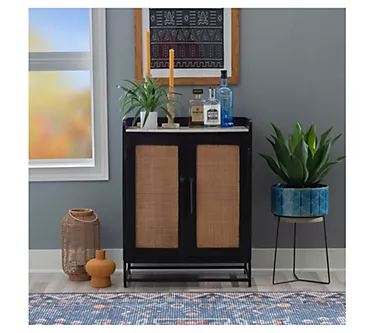 Linon Home Decor Fielding Rattan Bar Cabinet with Marble Top