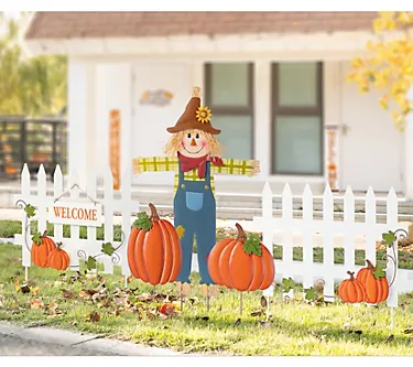Glitzhome Fall Metal Scarecrow, Pumpkin & FenceStakes 5-Piece