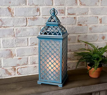 Indoor/Outdoor 20" Flickering Flame Lattice Metal Lantern by Valerie