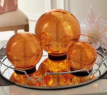 Set of 3 Lit Indoor Outdoor Mercury Glass Spheres w/Timer by Valerie