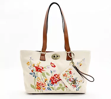 Patricia Nash Aegean Blooms Embroidery Nera Tote with Pouch Hangoff