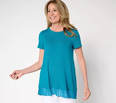 LOGO Layers by Lori Goldstein Knit Short Sleeve Top with Lace Hem