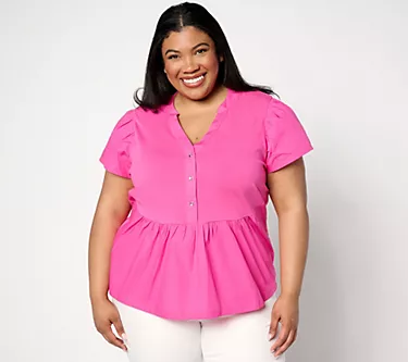 AnyBody Flutter Sleeve Knit & Woven Henley Top