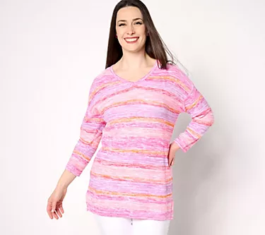 Denim & Co. Striped V-Neck 3/4-Sleeve Sweater