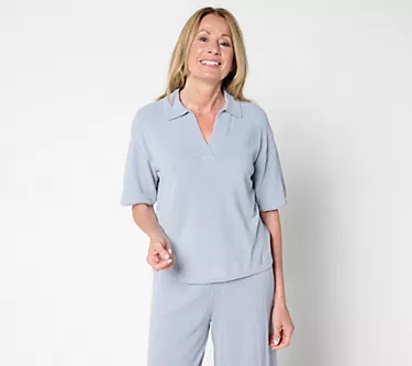 Barefoot Dreams CozyChic Ultra Lite Collared Short Sleeve With Slit