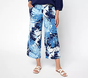 Denim & Co. Beach Jersey Petite Printed or Solid Wide Leg Crop Pants