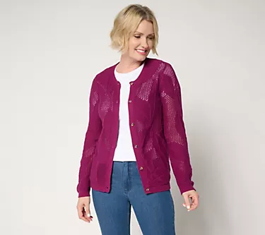 Denim & Co. 100% Cotton Long Sleeve Leaf Patterned Cardigan