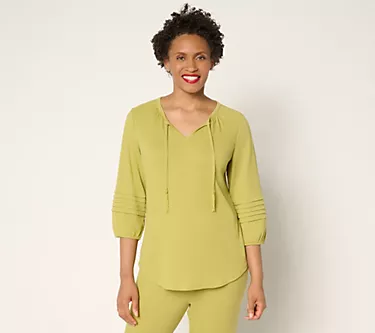 Denim & Co. Beach Knit Gauze Split Neck Top with Tassels