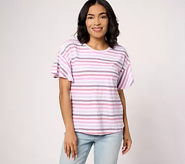 AnyBody Short Flutter Sleeve Striped Knit T-Shirt