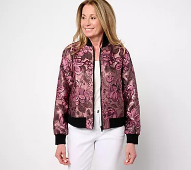 by Stacy London Metallic Floral Brocade Bomber Jacket