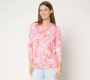 Belle by Kim Gravel Rayon Spandex Pineapple Palm Trim Top