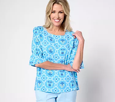 Denim & Co. Square Neckline Printed Ruffle Sleeve Blouse
