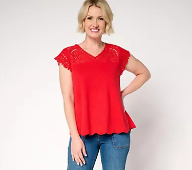 LOGO Lavish by Lori Goldstein 100% Cotton Scallop Hem Top