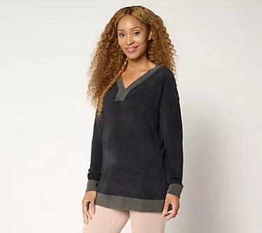 Barefoot Dreams Petite CozyChic Ultra Lite Color Block V-Neck Tunic