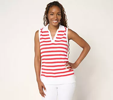 Belle by Kim Gravel Striped Front Solid Back Sweater Polo
