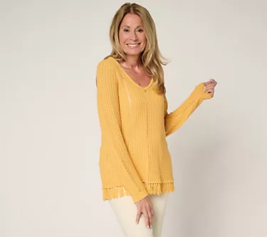 Susan Graver Long Sleeve Fringe Hem Pointelle Sweater