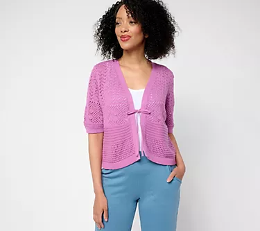 Denim & Co. 100% Cotton Pointelle Elbow Sleeve Tie Cardigan