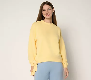 Peace Love World French Terry Sweatshirt with Ruched Sleeves
