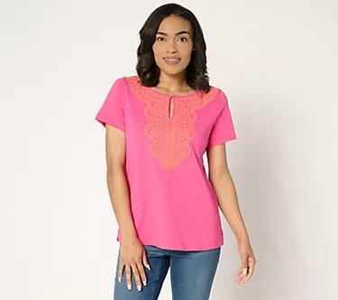 Susan Graver Textured Cotton Embroidered Top