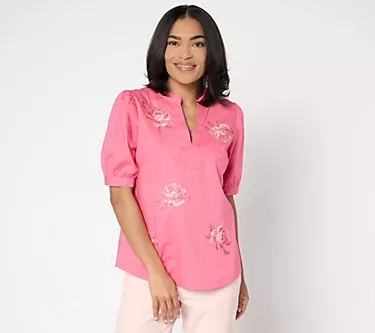 BEAUTIFUL by Lawrence Zarian Split Neck Embroidered Puff-Sleeve Top