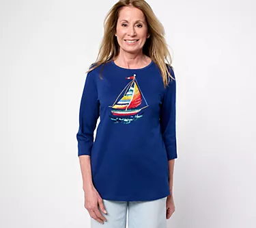 Quacker Factory Gone Sailing Sequin 3/4 Sleeve Top