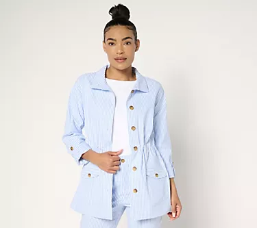 Joan Rivers Striped Stretch Seersucker Adjustable Waist Jacket