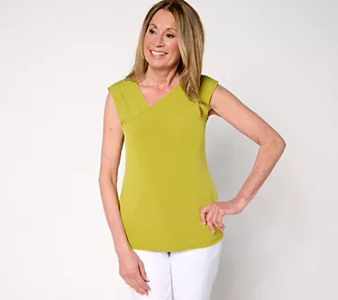Susan Graver Liquid Knit Extended Sleeve Top with Neck Pleat Detail