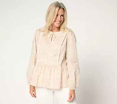 LOGO by Lori Goldstein 100% Cotton Printed Tie Neck Blouse