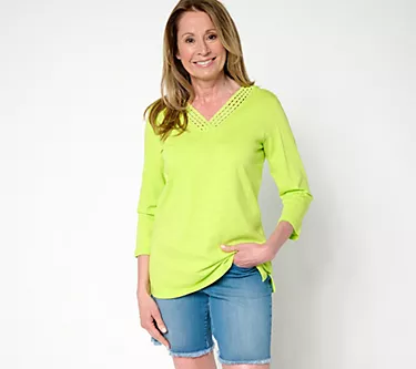 Belle by Kim Gravel Slub Knit Braided Beauty V Neck Top