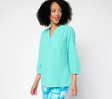 Denim & Co. Beach 100% Cotton Gauze Y-Neck Top