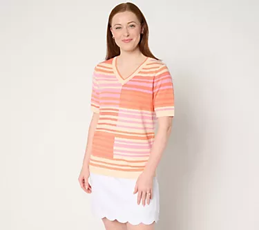 Sport Savvy Short Sleeve Spliced Stripe V-Neck Sweater