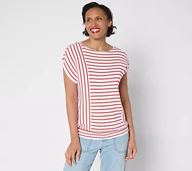 AnyBody Boat Neck Mixed Stripe Cotton Sweater