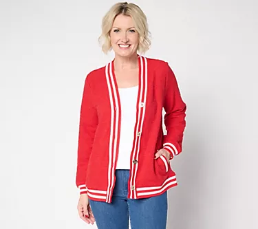 BEAUTIFUL by Lawrence Zarian Blouson Sleeve Striped Trim Cardigan