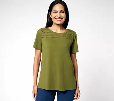 Susan Graver Weekend Textured Cotton Top w/ Eyelet Embroidery Trim
