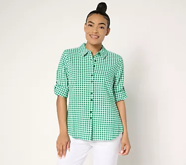 Joan Rivers 100% Cotton Seersucker Plaid Button Front Shirt
