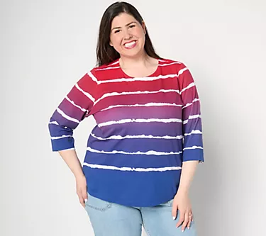 Denim & Co. Americana Favorite Jersey Ombre Striped 3/4 Sleeve Top
