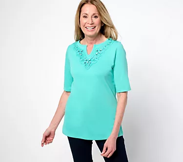 Quacker Factory Lace Embellished Split V Elbow Sleeve Top 1 63823-quacker-factory-lace-embellished-split-v-elbow-sleeve-top-1.webp