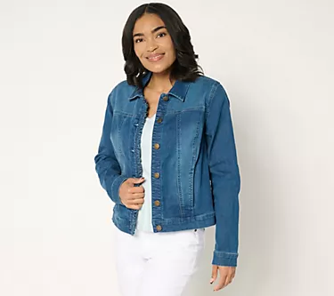 Belle by Kim Gravel Stretch Denim Femme Flutter Ruffle Jacket