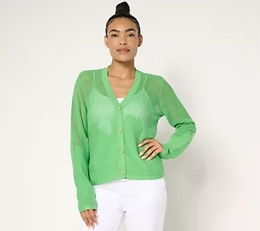 Joan Rivers Cotton Crochet Floral Border Cardigan with Bee Buttons