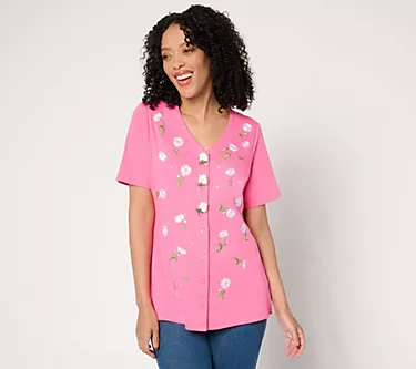 Quacker Factory Field of Daisies Button Cover Short Sleeve Cardigan