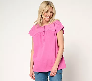 LOGO by Lori Goldstein 100% Cotton Embroidered Yoke Slub Tee