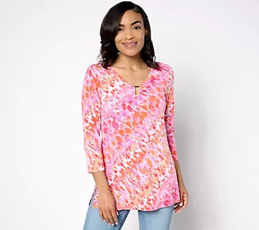"As Is" Susan Graver Petite Printed Liquid Knit 3/4 Sleeve Tunic w/Keyhole