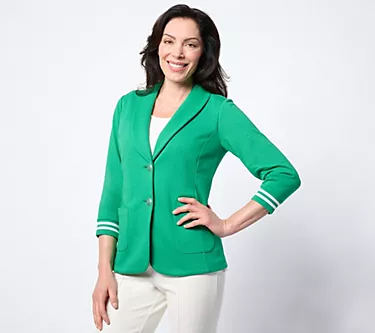 Susan Graver Weekend Marina Knit 3/4-Sleeve Blazer with Rib Knit Cuffs