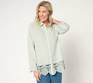 LOGO Lavish by Lori Goldstein 100% Cotton Embroidered Shirt