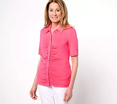 Dennis Basso Button Front Shirt with Shirring