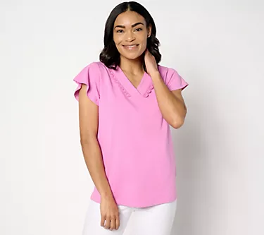Denim & Co. Favorite Jersey V-Neck Flutter Sleeve Lace Top