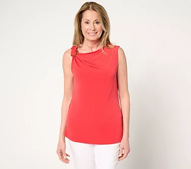 Susan Graver Liquid Knit Asymmetrical Neck Top with Trim Detail