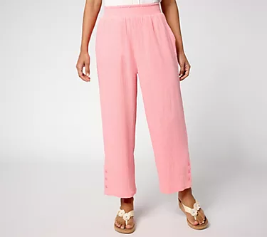 Susan Graver PURE Petite Getaway Gauze Wide Leg Crop Pants w/Buttons